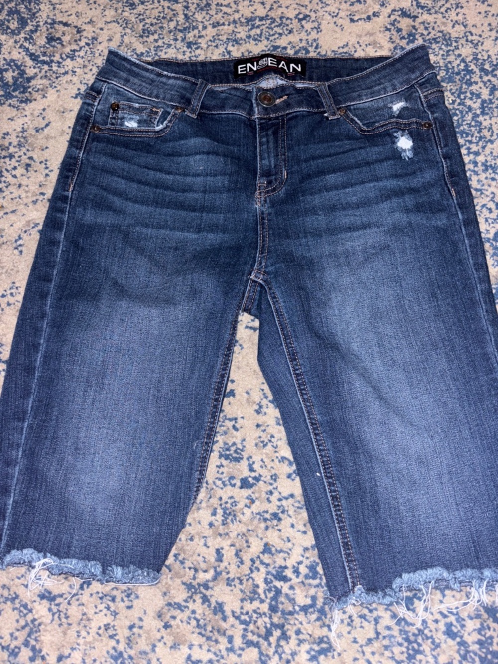 Women's Mid-Rise Dark Blue Distressed Jean Shorts